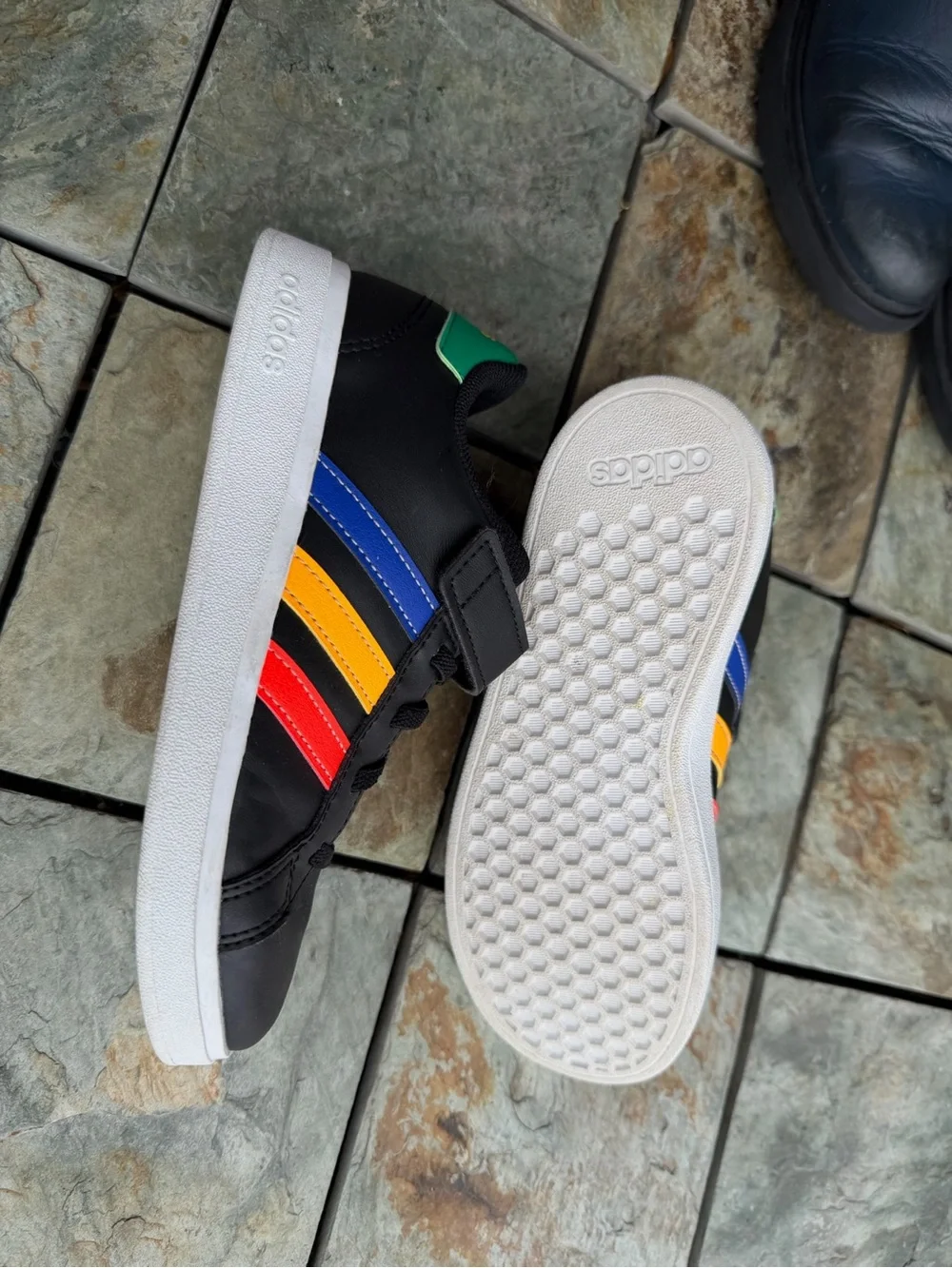 adidas Kids Black Sneakers with Red, Yellow and Blue Stripes